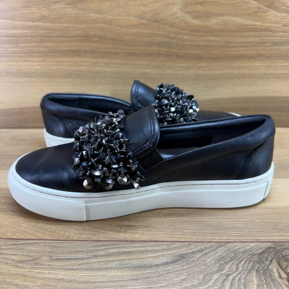 Tory Burch Logan Embellished Slip On 5 M Black Leather Beaded Pewter Casual Walk